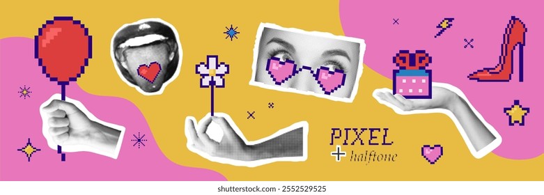 Modern trendy set with halftone and pixel design elements. Collection of vector stickers, retro y2k illustrations. Hand with balloon, tongue with heart, hand with flower, eyes with heart glasses, hand