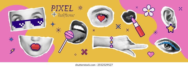 Moderno conjunto de moda con Elementos de diseño de medio tono y píxeles. Colección de pegatinas de Vector, ilustraciones retro y2k. Ojos con gafas retro, beso, lengua con piruleta, mano con pulsera, labios 