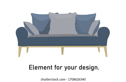 Modern trendy sofa with pillows. Vector illustration. Element for design. Blue sofa