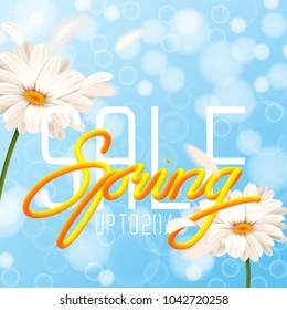 Modern trendy Spring 3d handwriting typography on blue background with realistic daisy flowers, flying petals and blurred bokeh. Bubble cursive lettering, render font. Square banner 