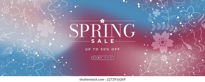 Modern and Trendy Spring Sales Banner on colorful fluid gradient background with hand-drawn white floral elements, flowers, petals, leaves, butterfly, branches. Shop Now. Vector Illustration. EPS 10.