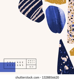 Modern and trendy square template with organic shapes, hand drawn elements and terrazzo flooring texture. Contemporary abstract collage brochure, social media post, poster, magazine cover, packaging.