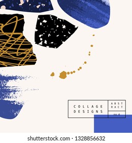 Modern and trendy square template with organic shapes, hand drawn elements and terrazzo flooring texture. Contemporary abstract collage brochure, social media post, poster, magazine cover, packaging.