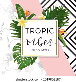 Modern trendy template with tropic leaves and flowers