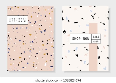 Modern and trendy templates with beautiful terrazzo texture in pastel pink, cream, blue and black. Contemporary abstract collage brochure, flyer, newsletter, poster, magazine cover, packaging design.