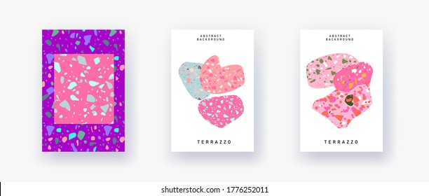 Moderne und trendige Vorlagen mit handgezeichneten Naturmarmorfelsen mit Terrazzo-Struktur. Zeitgenössische abstrakte Collage Broschüre, Flyer, Poster, Magazin Cover. Vektorgrafik.