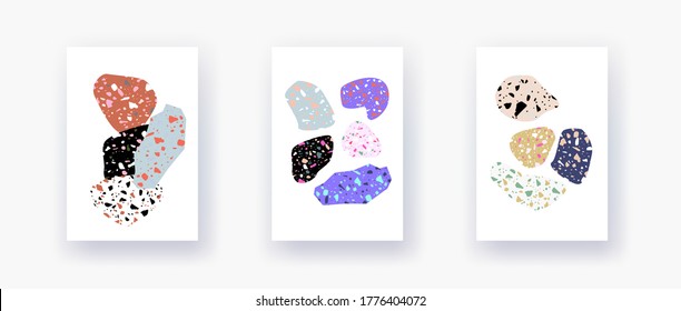 Modern and trendy templates with hand drawn natural marble rocks with terrazzo texture. Contemporary abstract collage brochure, flyer, poster, magazine cover. Vector illustration.