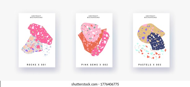 Modern and trendy templates with hand drawn natural marble rocks with terrazzo texture. Contemporary abstract collage brochure, flyer, poster, magazine cover. Vector illustration.