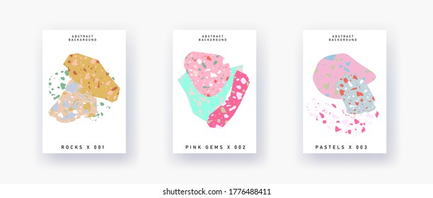 Modern and trendy templates with hand drawn natural marble rocks with terrazzo texture. Contemporary abstract collage brochure, flyer, poster, magazine cover. Vector illustration.