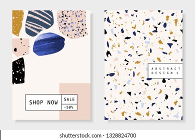 Modern and trendy templates with organic shapes, hand drawn elements and terrazzo texture. Contemporary abstract collage brochure, flyer, newsletter, poster, magazine cover, packaging, branding design