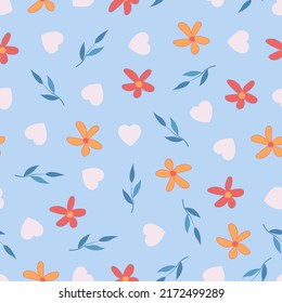 Modern trendy vector ditsy floral seamless pattern design. Elegant blooming flowers, branches of leaves and heart shapes texture for textile and printing. Repeating textured background for textile