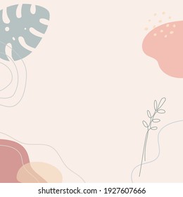 Modern trendy vector illustration. Abstract minimalist shapes. Monstera leaf plants simple stylised elements. Contemporary template background design. Pastel colors.