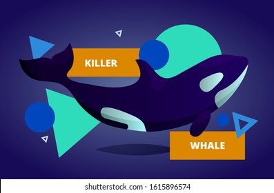 Modern and trendy vector illustration with killer whale surrounded by abstract elements on background. Siutable for poster, banner, cards, print.