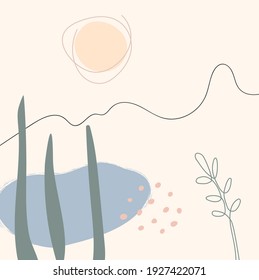 Modern trendy vector illustration. Landscape abstract minimalist shapes. Sun lake plants leaf cloud simple stylised elements. Contemporary template background design. Pastel colors.