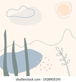 Modern trendy vector illustration. Landscape abstract minimalist shapes. Sun lake plants leaf cloud simple stylised elements. Contemporary template background design. Pastel colors.