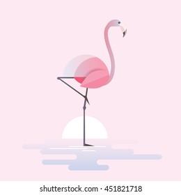 Modern trendy vector illustration of a stylized pink flamingo bird standing in a lake waters on a sunrise.