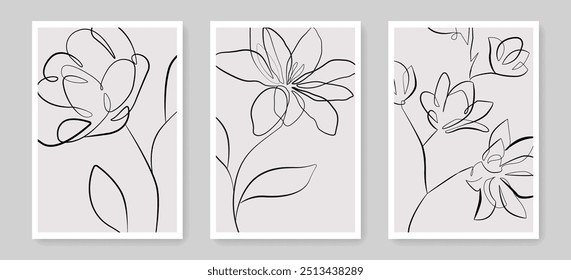 Modern Trendy Wall Art Prints Set with Line Art Flowers, Leaves. Floral Banners Collection. Trendy Minimalist Poster Line Art Design. Minimal Modern Background. Vector EPS 10.	