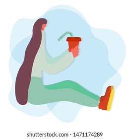 Modern trendy young hipster girl with long hair holds a glass of coffee in her hands, vector illustration on the theme of morning awakening, relaxation, relaxation, a small head without a face