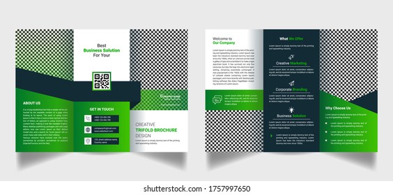 Modern tri fold brochure green template design in creative abstract layout  for corporate business promotion