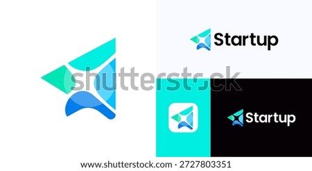 Modern triangle arrow with spark sign in negative space for startup, Logo icon design vector illustration, Clean minimalist symbol arrows dynamic geometric curved shapes for technology, brand identity