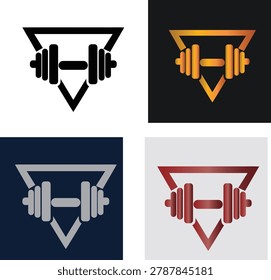 Modern triangle dumbbell logo collection featuring strong weightlifting symbols combined with geometric fitness badge designs. Professional gym and bodybuilding vector icons created for fitness brands, workout centers, athletic clubs, sportswear companies and personal trainer businesses. 