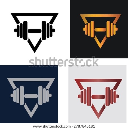 Modern triangle dumbbell logo collection featuring strong weightlifting symbols combined with geometric fitness badge designs. Professional gym and bodybuilding vector icons created for fitness brands, workout centers, athletic clubs, sportswear companies and personal trainer businesses. 