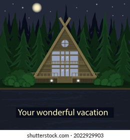 Modern triangle house in the forest near the lake. Forest trees nature background. Flat style vector illustratuon. Vacation in forest. Dark forest night