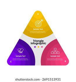 Infográfico de triângulo moderno com ícones vetoriais e gradientes de cores. Um modelo de infográfico de negócios fácil de usar para apresentações, sites, cartazes de negócios corporativos ou designs de interface do usuário.