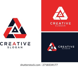 Logotipo moderno del triángulo con los segmentos rojos, blancos y azules – diseño creativo de la marca en los fondos múltiples