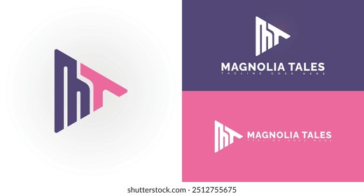 Modern triangle vector initial letter MT or TM logo in purple-pink color isolated on multiple background colors. The logo is suitable for feminine video channel logo design inspiration templates.