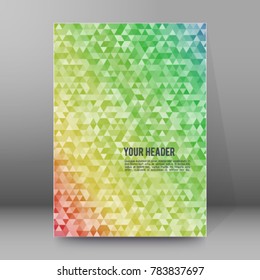 Modern triangles colors gradient background. Geometric mosaic style with random color saturation with imposition transparency for place message. Vector illustration EPS 10 for presentation template