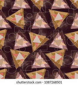 Modern triangles geometric vector seamless pattern. Abstract patterned background. Geometrical shapes, triangles, dots, halftones, circles, squares, lines.  Elegant design for wallpaper, fabric, print