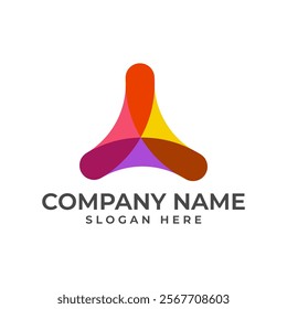 A modern triangular logo with overlapping red, yellow, orange, and purple segments forming a smooth, gradient design that conveys creativity, unity, and balance.