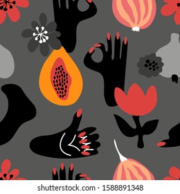 Modern tribal art. Seamless vector pattern with body parts, flowers and fruits. Modern design for scarfs, dresses, swimwear, cards, posters. Black, grey, red.