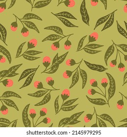 El boho tribal moderno adornaba ramas orientales con flores y bayas de estilo folclórico inspiradas en la mitología del norte y los cuentos de hadas sin fisuras. Fondo de textura de caricatura plana vectorial.