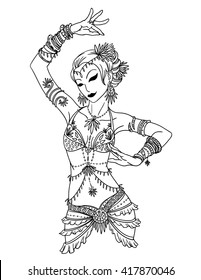 Modern Tribal Dancer or Belly Dancer Girl. Vector Illustration of Tribal Dancer or Belly Dancer Girl in Hand Drawn Style. Modern Belly Dancer Girl in Costume with Accessories and Flowers in Her Hair.