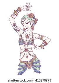 Modern Tribal Dancer or Folk Dancer Girl. Colorful Vector Illustration of Folk Dancer Girl in Hand Drawn Style. Modern Folk Dancer Girl in Costume with Accessories and Flowers in Her Hair.