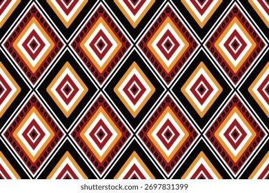 Modern tribal diamond pattern in black, rust, gold, and white. Bold ethnic geometric style with layered shapes, ideal for fashion fabric, scarves, upholstery, wallpaper, and boho global decor.