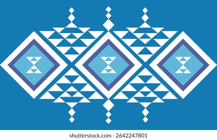 Modern tribal geometric pattern with blue diamond shapes and triangle accents, ideal for textile design, wall decor, rug, and for clothing.
