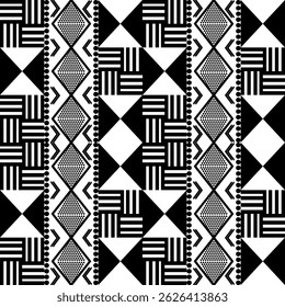 Patrón geométrico tribal moderno inspirado en motivos étnicos. Colorido, simétrico y culturalmente rico, perfecto para textiles, Fondos de pantalla, fondos y proyectos de diseño contemporáneo.