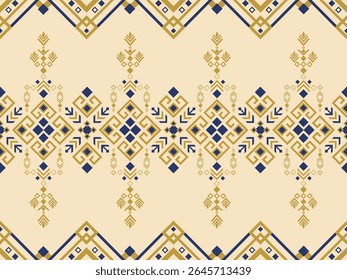 Modern Tribal motifs Geometric Pattern in Gold and Navy. Ethnic traditional Seamless Vector Background.  Perfect for textile prints, digital wallpapers, packaging, and surface design projects.