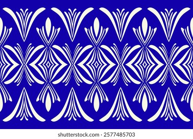 Modern Tribal Pattern with Blue and White Floral Motifs for Decorative Wallpaper and Textile Art