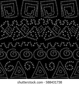Modern tribal seamless pattern. Abstract geometric doodle dotted line white ornaments in Aztec style. Vector texture for fabric, print, textile. Black background.