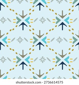 Modern tribal seamless pattern featuring abstract arrows and geometric shapes. High-quality vector background for textiles, wallpaper, and boho decor.