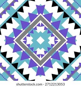 Modern tribal-inspired geometric seamless pattern featuring layered diamond shapes and bold triangle motifs in teal, purple, black and grey tones. Perfect for textile prints, fabric design