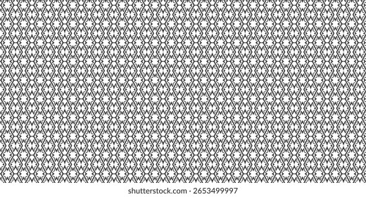 Modern tribal-inspired pattern in black and white diamond shapes with star-like accents. Great for backgrounds and textile designs.