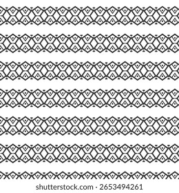 Modern tribal-inspired pattern with diamond shapes and clean lines in repeating rows. Diamond, linear, ornamental, seamless, cultural.
