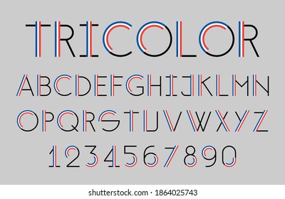 Modern tricolor thin line font. Colors of the flag of France. Alphabet elegant design. Vector illustration.
