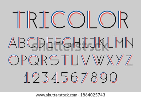 Modern tricolor thin line font. Colors of the flag of France. Alphabet elegant design. Vector illustration.