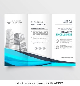 modern trifold brochure design with blue wave